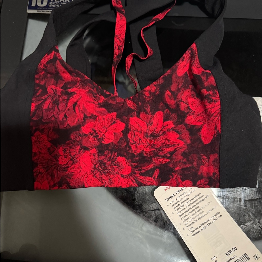 Lululemon Sweat Time Bra  (Red and Black Floral Sports Bra) NWT